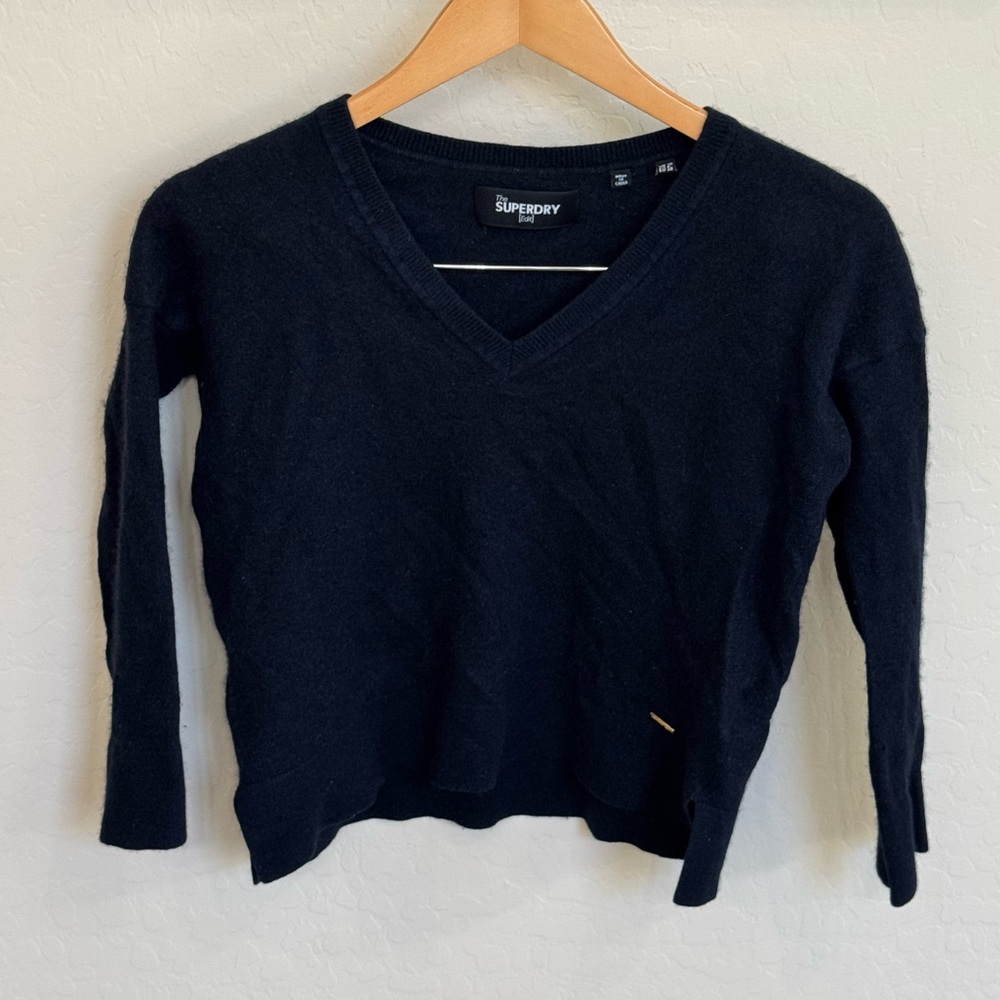 Superdry Edit Wool Cashmere Blend Women's V-Neck Sweater Size 6 Navy Blue